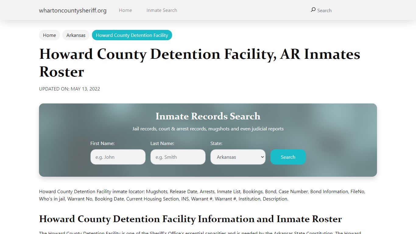 Howard County Detention Facility, AR Jail Roster, Name Search